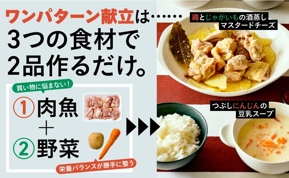 ワンパターン献立は、3つの食材で2品作るだけ。