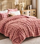 Lotus Karen Faux Fur Queen Comforter Set – Pink Fluffy Comforter Queen Size, Big Bubble Faux Rabb...
