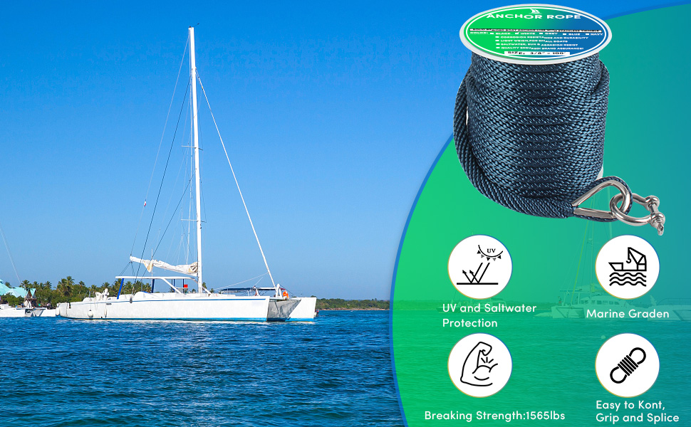 Premium Anchor Rope 50 ft x 3/8 inch, Solid Braid MFP