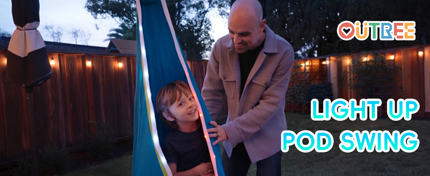 OUTREE Light Up Pod Swing Seat, Sensory Swing with LED Light, Cotton Kids Chair for Indoor and Outdoor, Hammock Chair Easy to Install, Blue 7 pod swing, sensory swing, hammock swing, kids hammock chair, kids swing, toddler swing