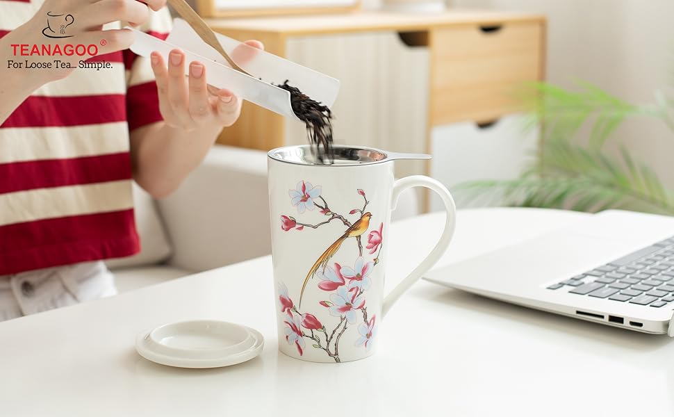 TEANAGOO Ceramic tea mug with infuser, Golden Bird