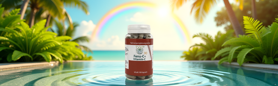 Glasgefäß mit rotem Inhalt auf tropischer Strandkulisse mit Palmen, Regenbogen und türkisfarbenem Wasser im Hintergrund. Marketing-Composite mit drei ähnlichen Szenen.