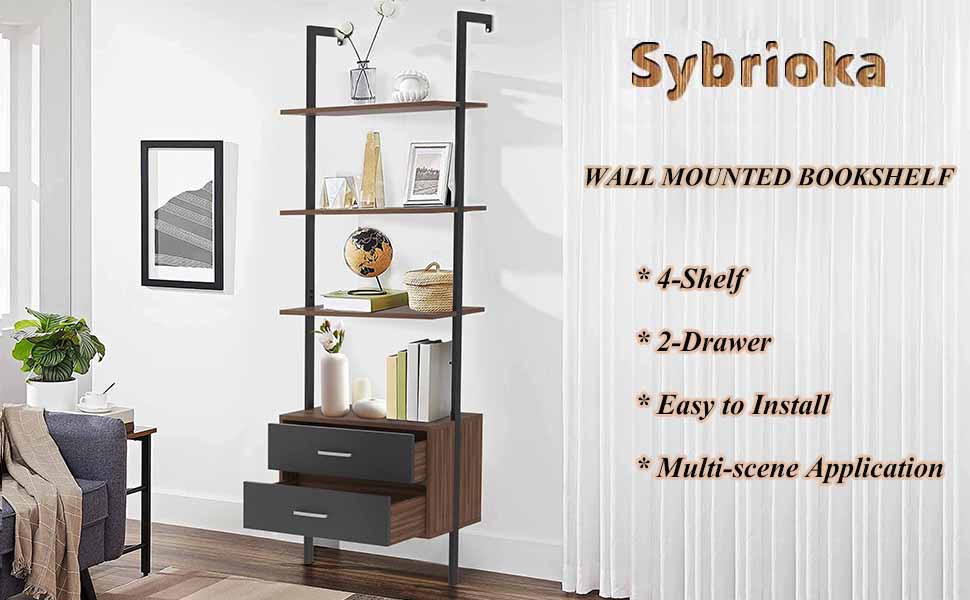 Sybrioka 3Shelf Wall Mounted Bookshelf, Bookcase with Drawers, Industrial Matte