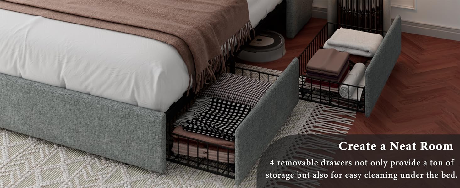 iPormis Full Size Bed Frame with 4 Storage Drawers