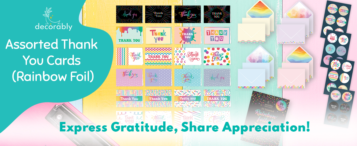 Decorably Thank You Cards with Envelopes & Stickers, Glittery Cards 24 Pack