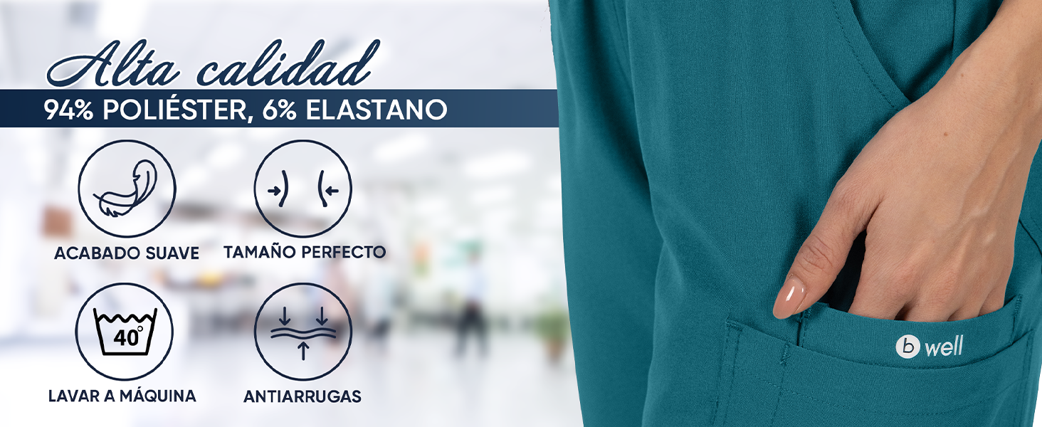, azul-petróleo, com bolsos. O texto indica 94% poliéster e 6% elastano, lavável à máquina, resistente a rugas e