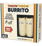 El texto dice «THROW THROW BURRITO». Caja de juego que muestra personajes de burritos de dibujos animados con diseños de rostros sencillos sobre fondo blanco.
