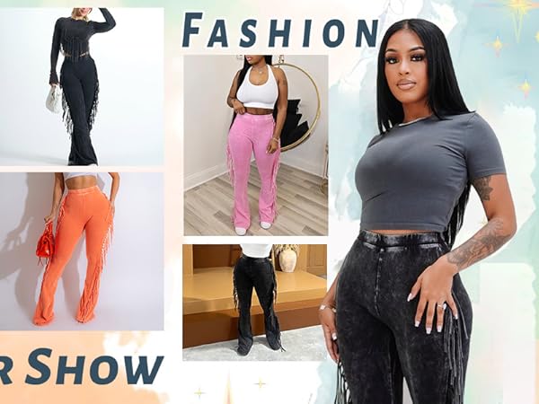 XZLUFNY Tassel Pants for Women Casual High Elastic Waistband