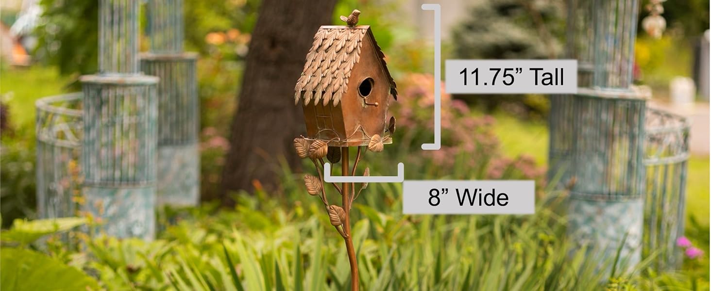 ZR142106-4 copper color birdhouse with ornate fancy roof and cast birds on edge