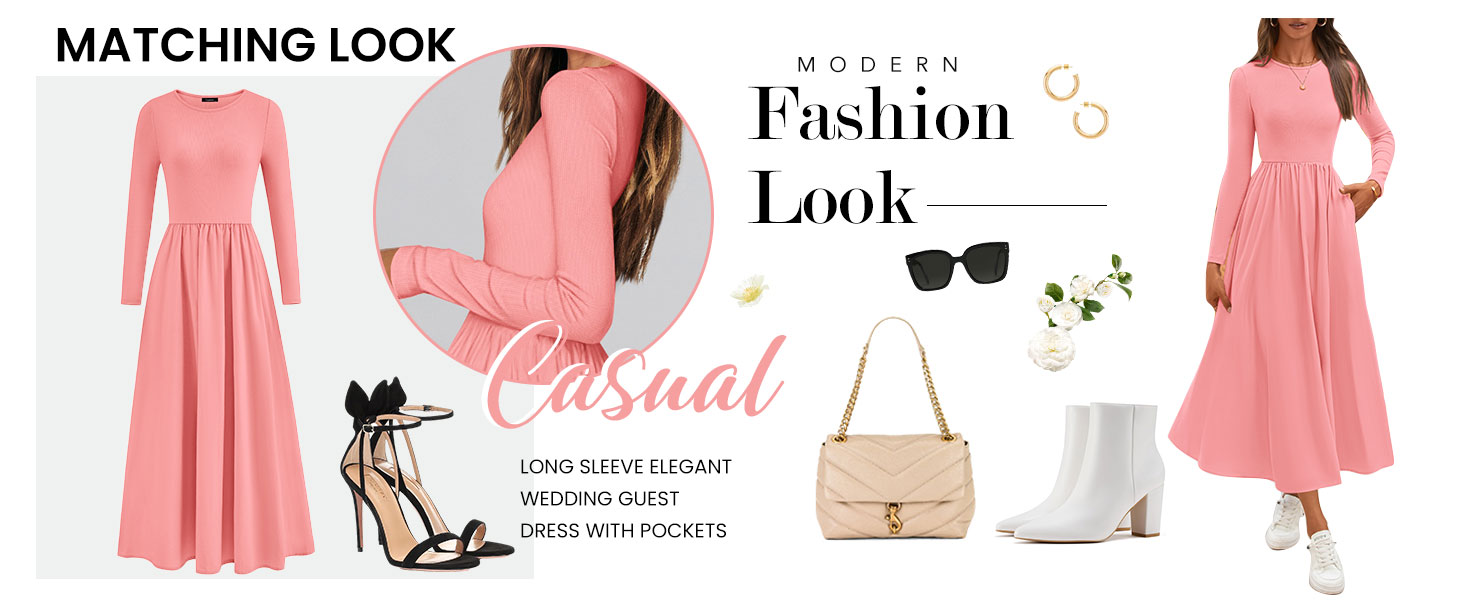 Fall Wedding Guest Dresses for Women Long Sleeve Smocked Flowy Long Dress