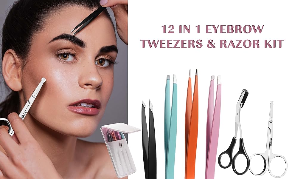 Eyebrow Kit,12 in 1 Eyebrow Tweezers Set, Professional