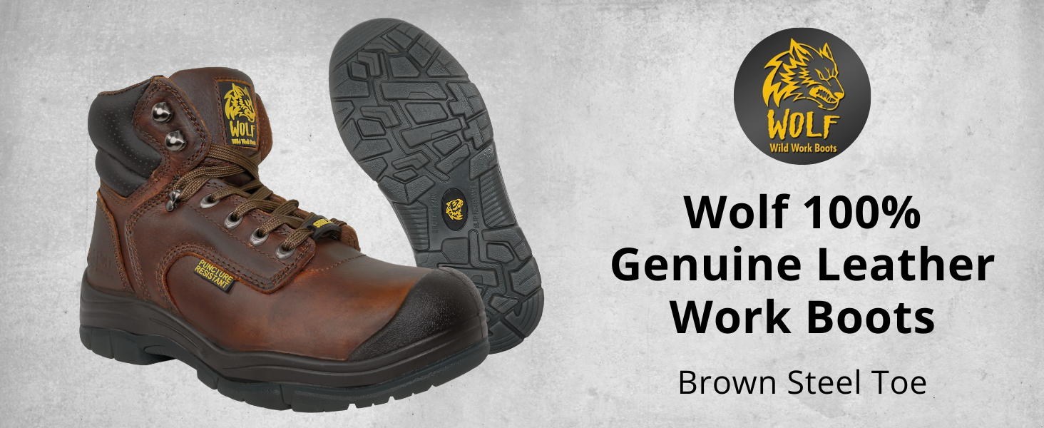WOLF Botas de trabajo de cuero genuino antideslizante suela de goma acolchada cuello construcción duradera ajuste seguro