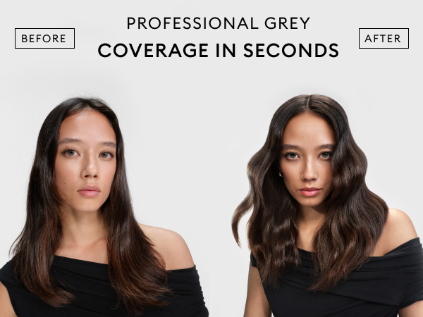 Side-by-side of a woman before and after with wavy dark hair on a light gray background.