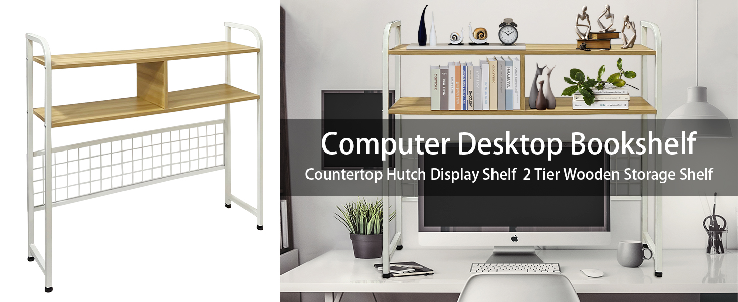 2 Tier Desktop Bookshelf for Computer Desk, Countertop Hutch Bookcase