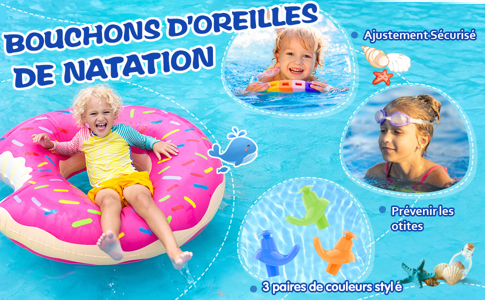 3 paires de couleurs vives de bouchons d'oreille de natation pour la protection des oreilles
