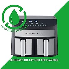 Domestic King branded kitchen appliance with digital control panel, featuring eco-friendly design and 'Eliminate the fat not the flavour' messaging.