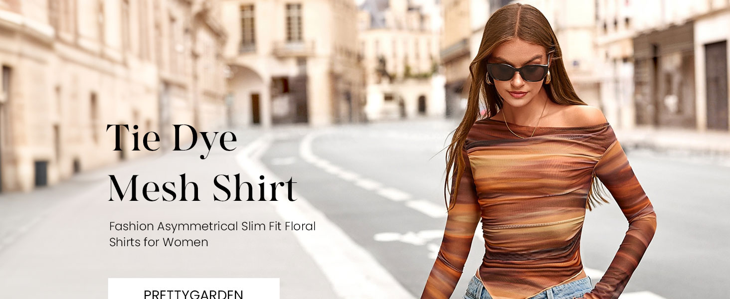 Trendy Off Shoulder Tops,Tie Dye Mesh Shirt for Women,Slim Fit Floral Shirts for Women
