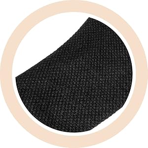 Photo de produit circulaire montrant un tissu texturé noir ou un matériau avec un motif gaufré ou quadrillé sur une bordure circulaire beige
