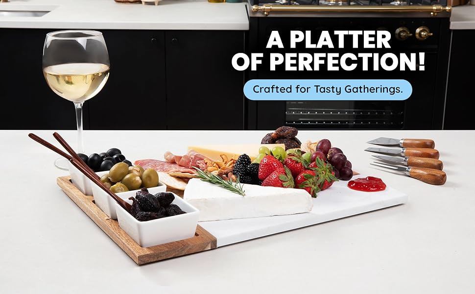 Marble and Acacia Wood Charcuterie Board Set - 11 Pieces with accessories housewarming cheese board