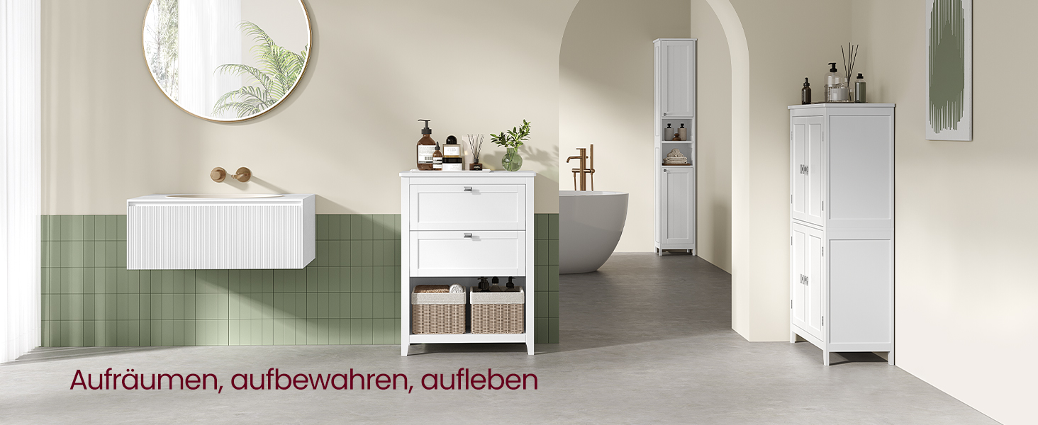 Modern fürdőszobabelső fehér szekrényekkel, zöld csempézett falakkal és fa padlóval. A felirat így szól: „Rendbe hozni, tárolni, újjáéleszteni”