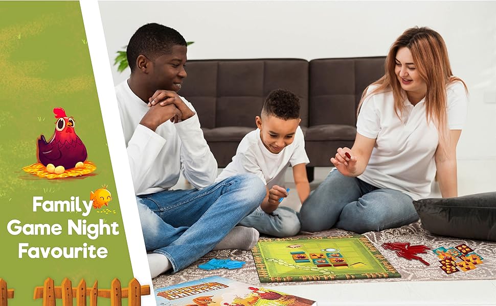 Mother, father and son enjoying count your chickens board game