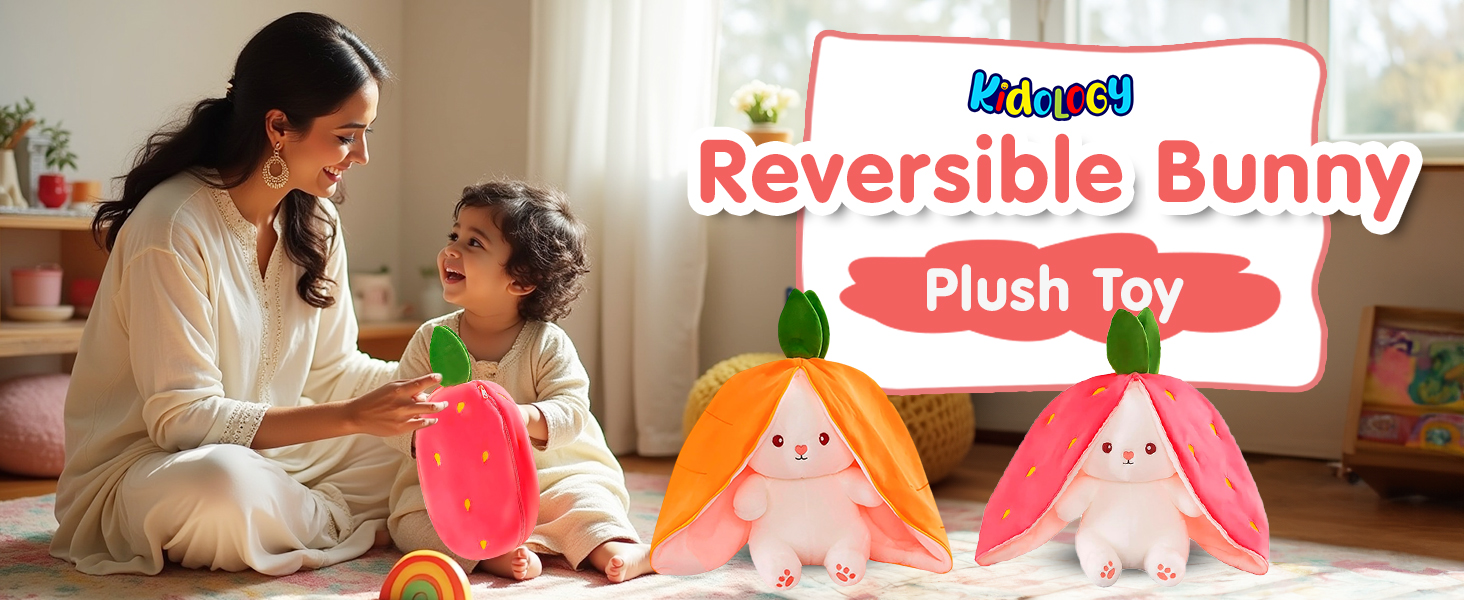 Reversible strawberry bunny plush toy for kids