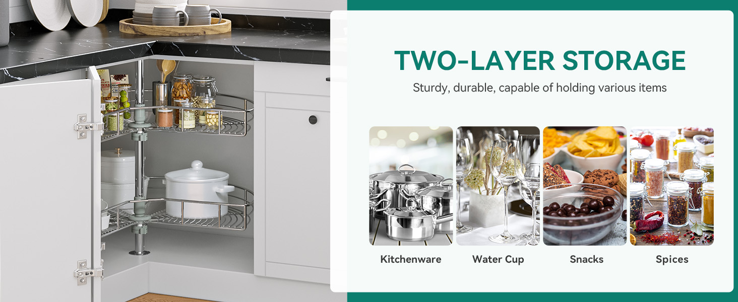 YITAHOME 28Inch Kidney Shaped Chrome Pie Cut 2Shelf Lazy Susan Corner Organizer