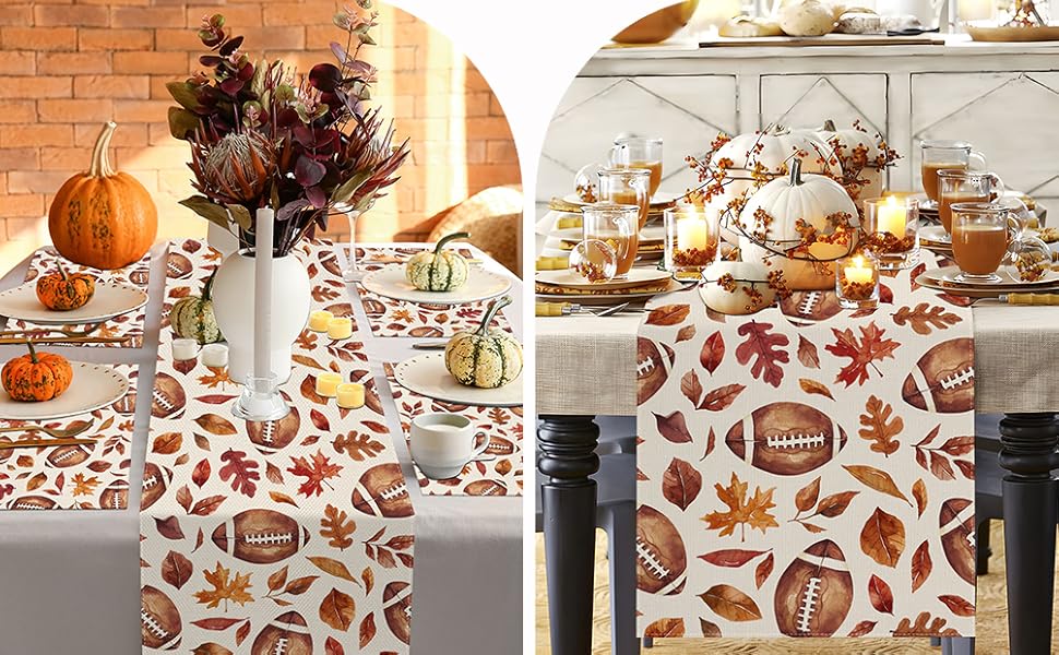 Fall Table Runner 13x72 Inch,Football with Maple Leaves