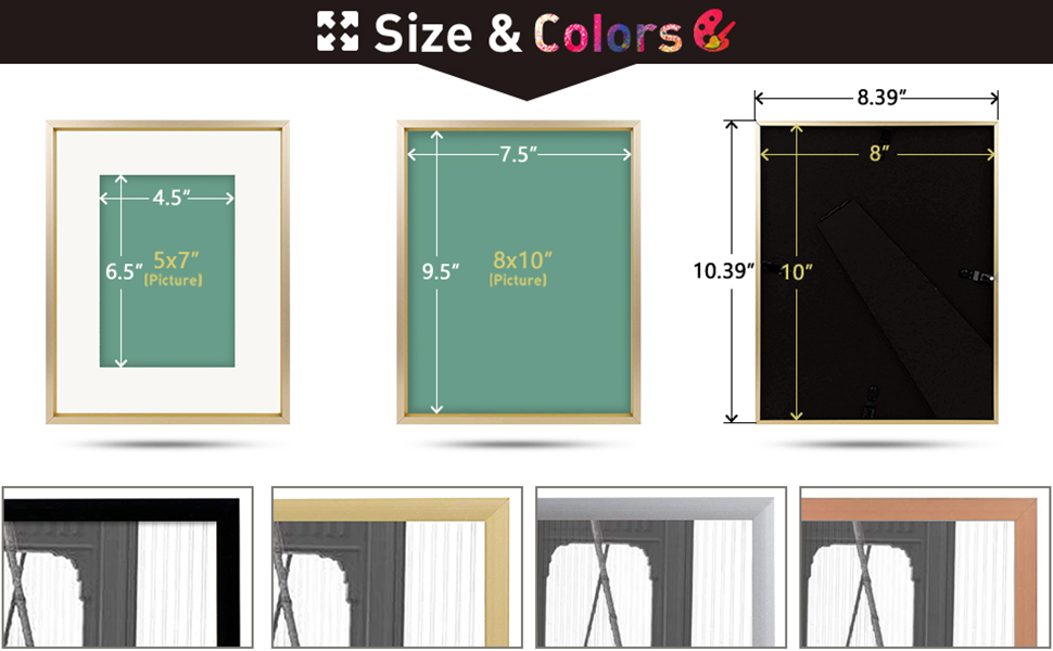 Frametory, 8x10 Aluminum Photo Frame, for 5x7 Pictures with Mat or 8 x 10 without