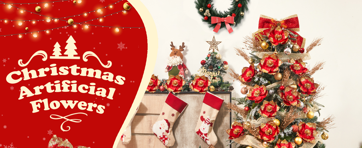 Serwalin 8" Large Glitter Red Christmas Magnolia Flowers