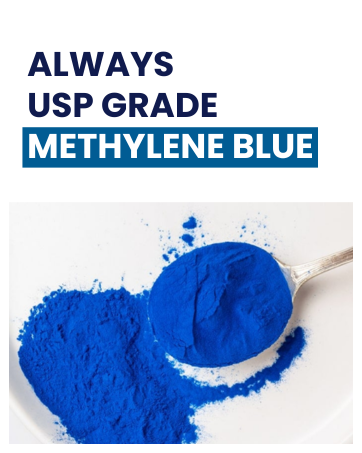 USP grade methylene blue powder shown on spoon to highlight pharmaceutical supplement purity