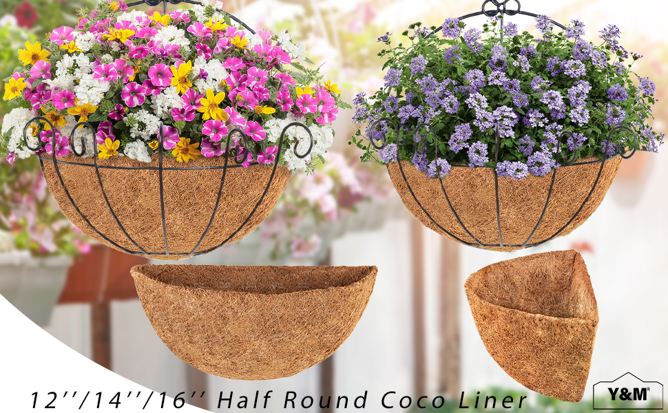 Y&M 14 Inch PreFormed Half Round Coco Fiber Hanging Basket