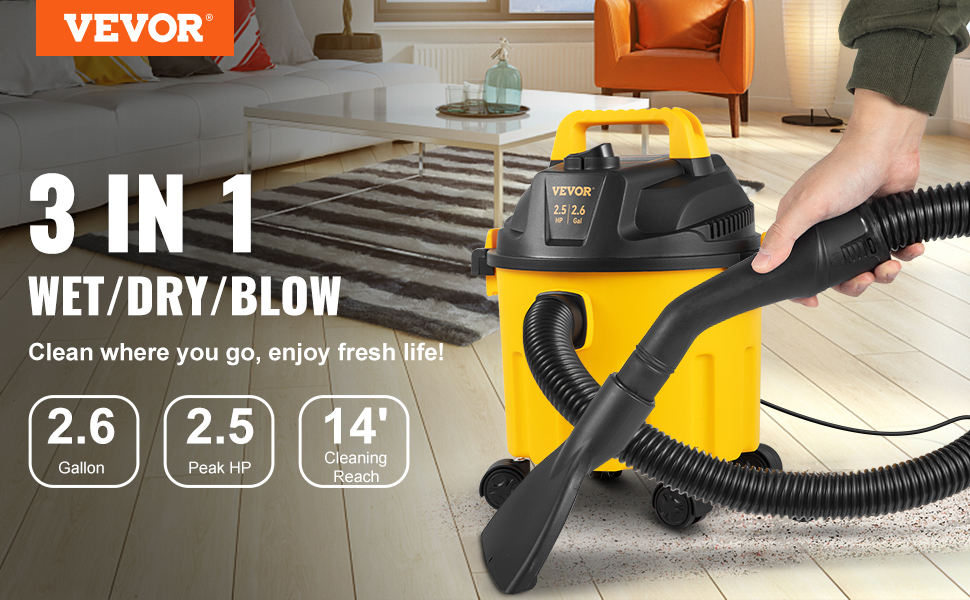 VEVOR Wet Dry Vac, 2.6 Gallon, 2.5 Peak HP, 3 in 1 Shop Vacuum with