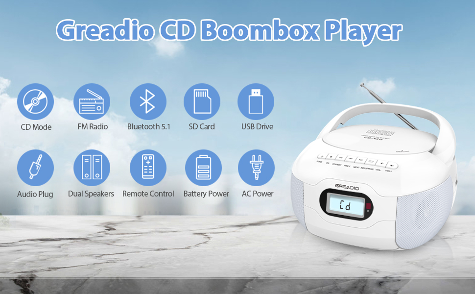 Greadio Boombox CD Player, Portable FM Radio CD Player with