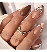 French Press on Nails Medium Almond Fake Nails with Designs Gold Glue on Nails Leaf False Nails R...