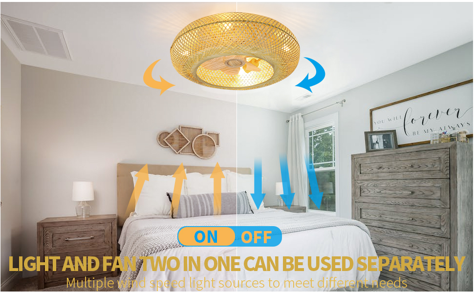 UMIDEC 20" Boho Ceiling Fan with Lights and Remote, Caged Bamboo Flush Mount Low