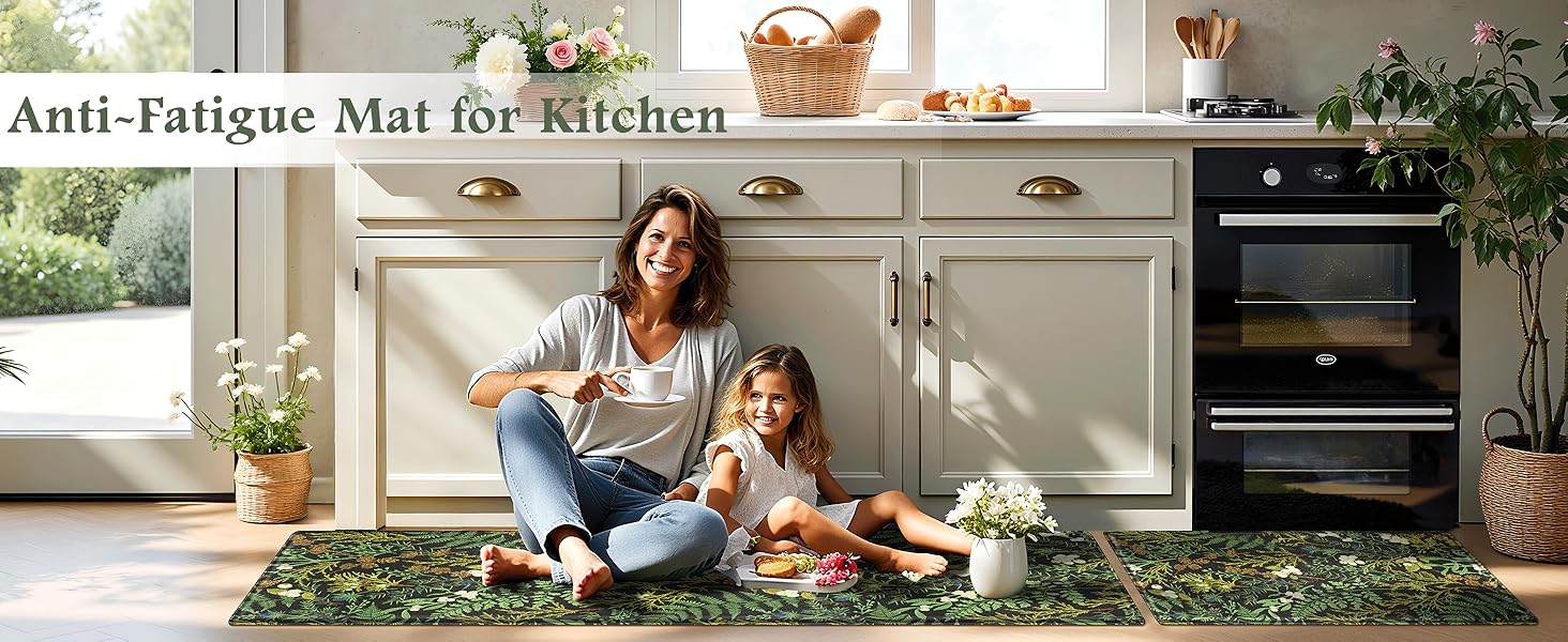 Black Green Botanical Kitchen Rugs Set of 2 Plant Leaf Anti-Fatigue Kitchen Mat