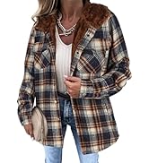 Weinexra Womens Plaid Shacket Jacket Long Sleeve Button Down Fleece Hooded Jacket Warm Coat Casua...