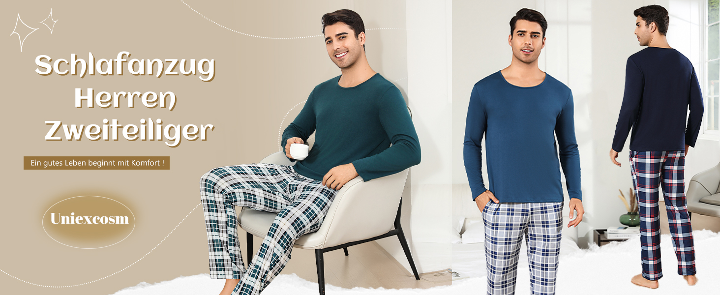 Uniexcosm Schlafanzug Herren Zweiteiliger Lang Baumwolle Pyjama Set