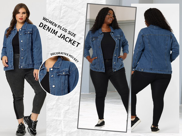 uxcell Women Plus Size Stitching Button Front Washed Denim