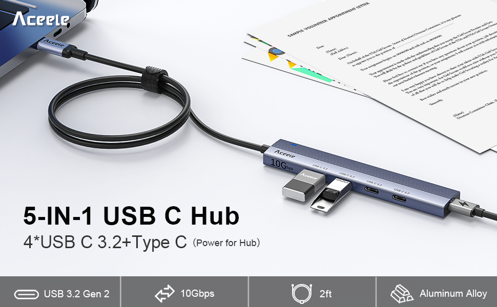 Aceele USB C Hub 10Gbps,USB 3.2 Gen 2 Hub with 4 USBC Ports and Type C charing Port,USB C