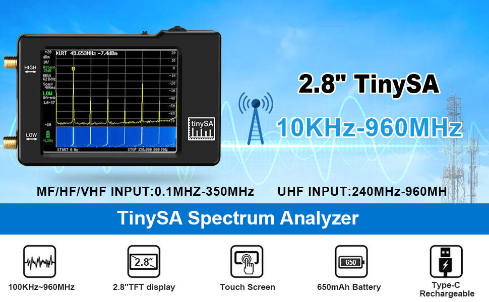 TinySA Spectrum Analyzer,Handheld Tiny Spectrum Analyzer TinySA 2.8inch Touch Screen,Portable
