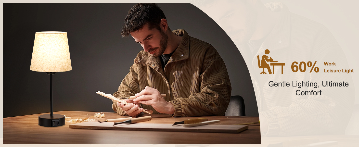 Person in camouflage jacket reading by a table lamp. Text overlay: 'Gorilla Lighting, Ultimate Comfort' with '60% less' icon.