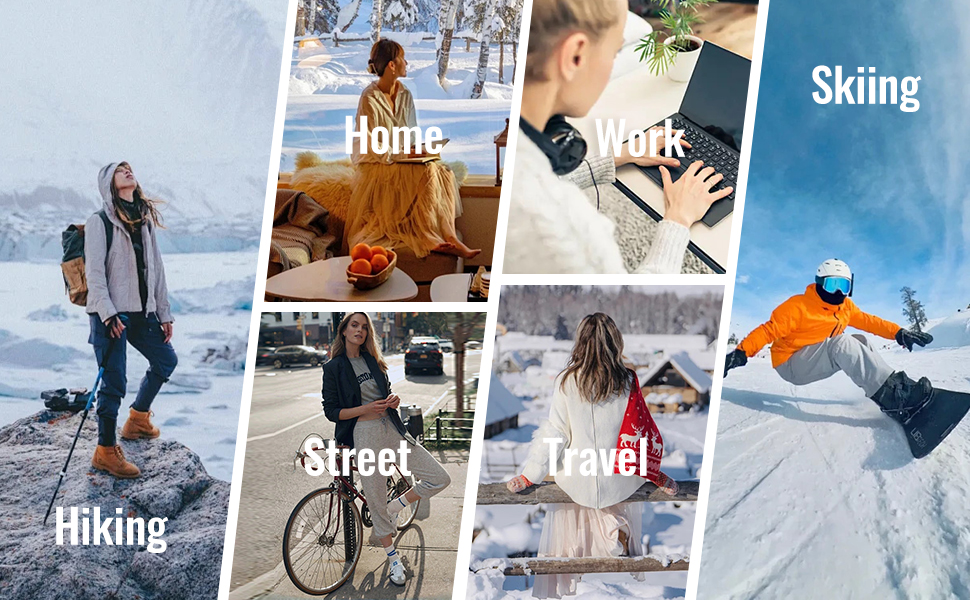 Collage of lifestyle images showing various outdoor activities: hiking, street scenes, travel, home, work, and skiing.