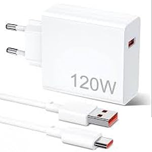 Adaptador de carga blanco de 120 W con cable USB con detalles en rojo. Incluye adaptador de enchufe de pared y conector USB-C