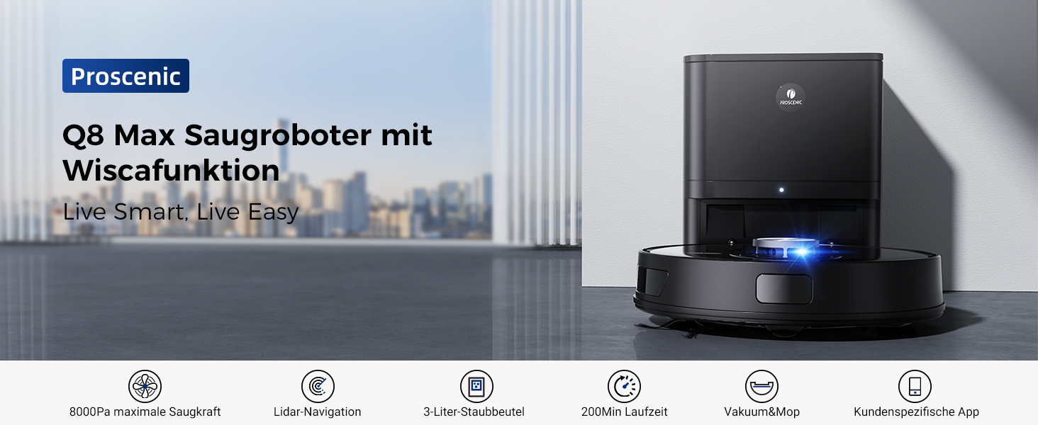 Der Text lautet „Q8 Max Saugroboter mit Wischfunktion“. Anzeige von Roboterstaubsaugern mit Ladestationen in einer Reihe auf grauem Hintergrund mit Benutzeroberflächensymbolen.