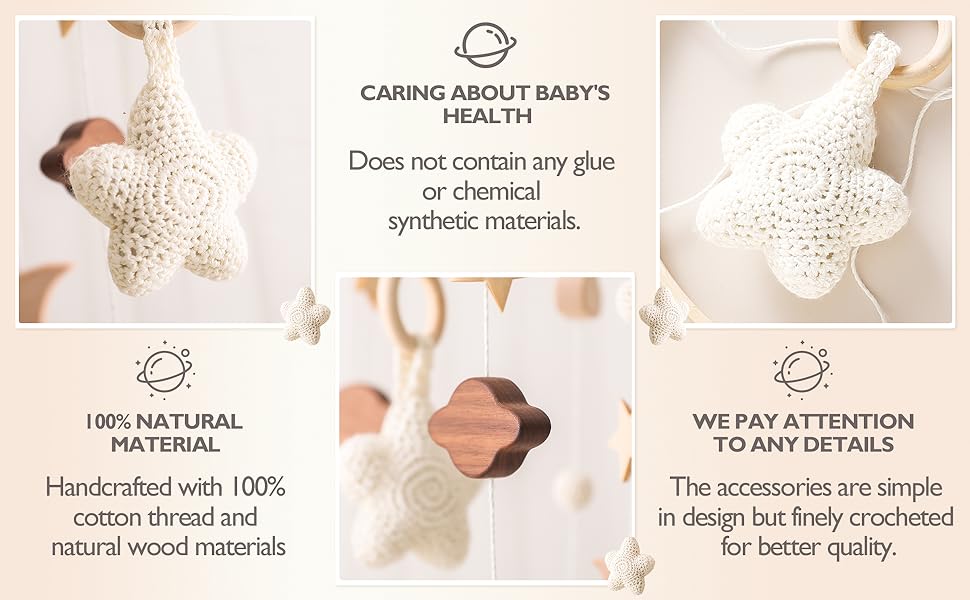 Sternförmige weiße gehäkelte Babyaccessoires aus 100% natürlichen Baumwollfäden und Holzmaterialien. Sie zeichnen sich durch chemikalienfreie Konstruktion und