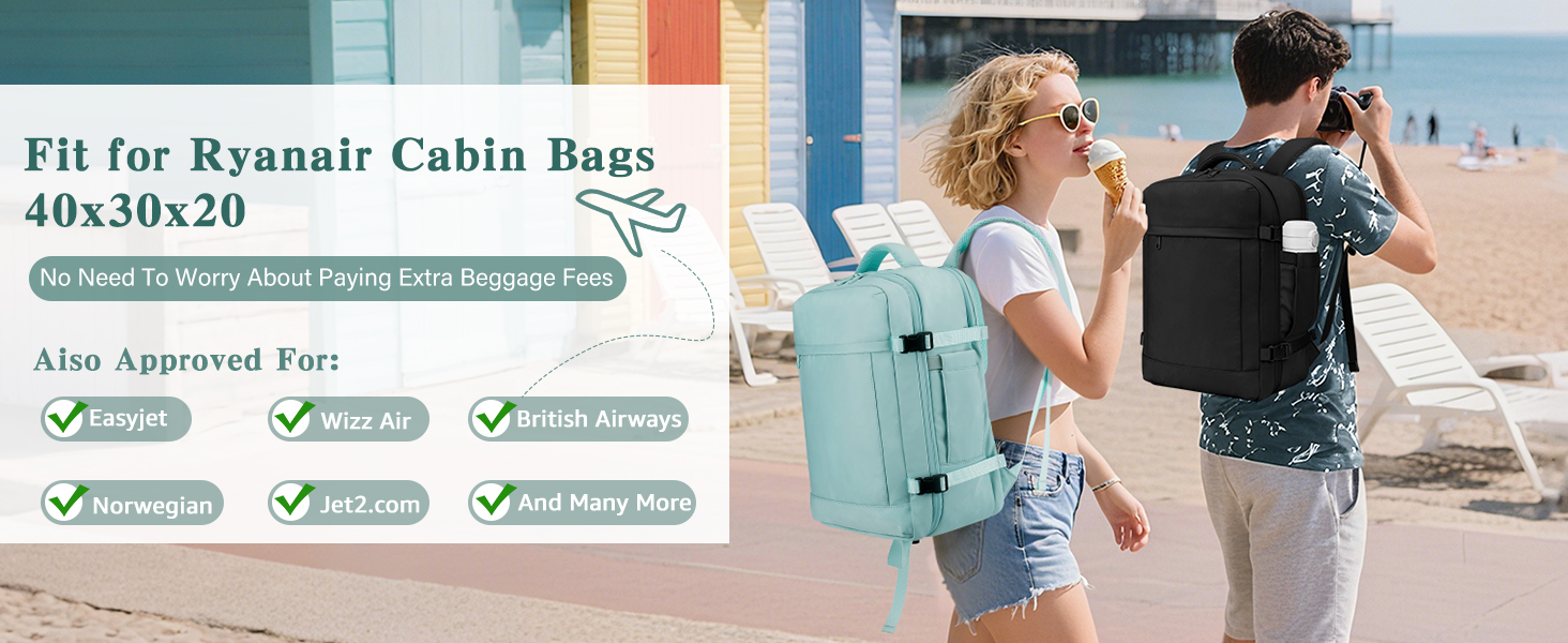 Text reads 'Fit for Ryanair Cabin Bags 40x20x25'. Two people shown outdoors carrying travel bags on a beachfront walkway.