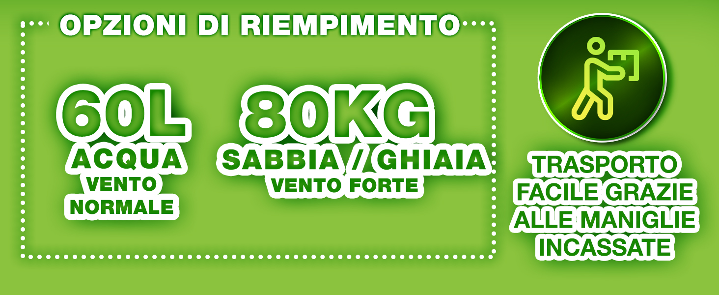 Pannello verde delle specifiche del prodotto che mostra le opzioni di capacità: 60 L per vento normale e 80 kg per sabbia/ghiaia in caso di vento forte, con un'icona