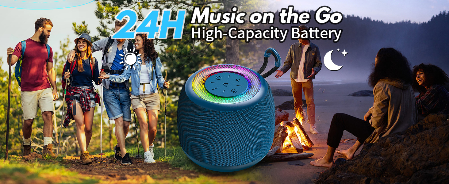 Teal spherical portable speaker with colorful light ring. Features 24-hour battery life for outdoor use. Shown in camping scene with people hiking and around campfire.